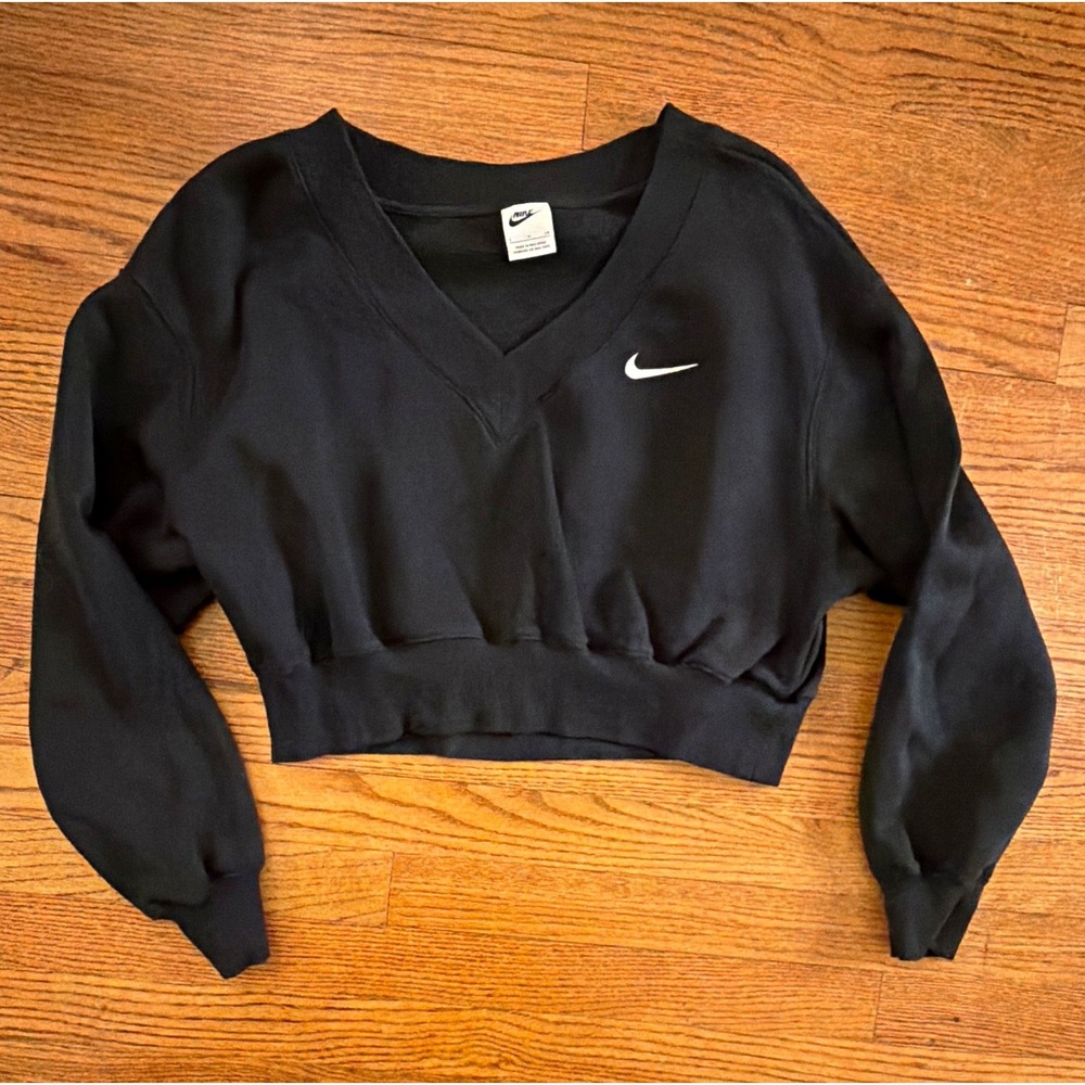 Nike Sportswear Women's Black V-Neck Cropped Fleece Sweatshirt Size S